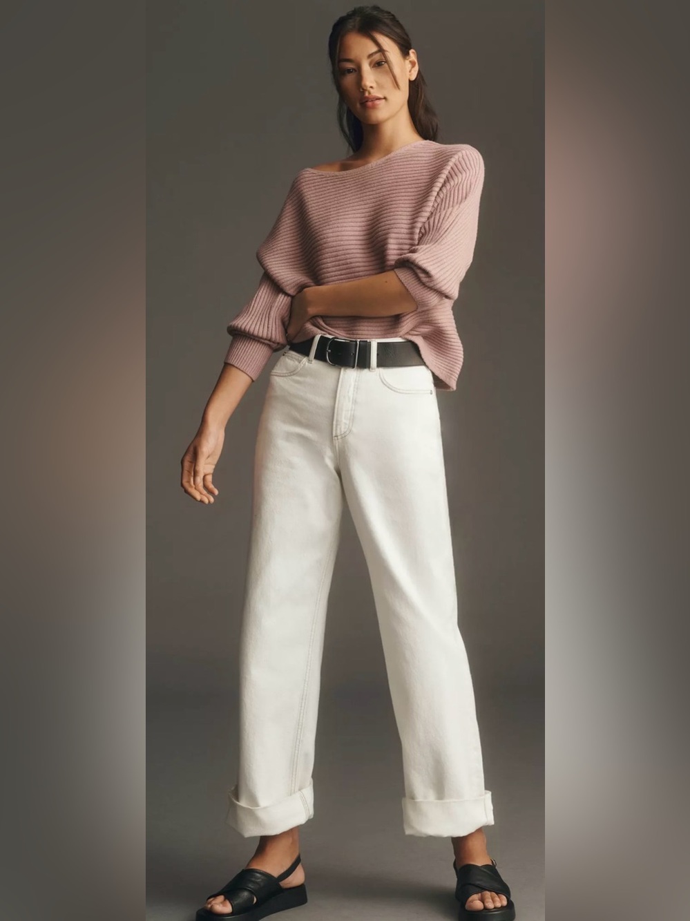 Anthropologie Womens Mauve Ribbed Cropped Asymmetrical Sweater Lightweight S